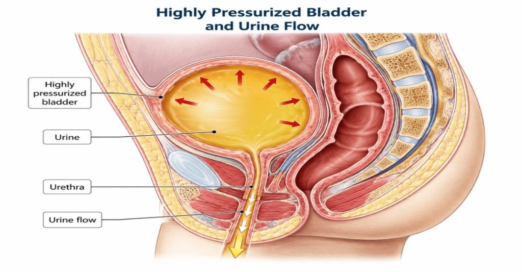 highly pressurized bladder releases urine